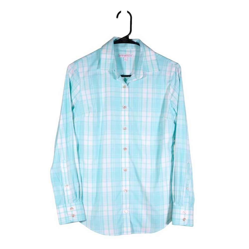Peter Millar Men's Dress Shirt Button Up Blue White Check Plaid Long Sleeve S